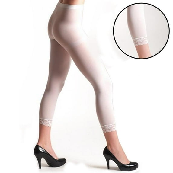 Ladies Women Footless Tights Capri Lace Trim Hosiery Opaque White Dance One Size
