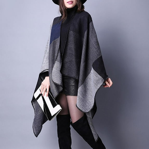 Ladies Women Stylish Poncho Cape Blanket Wrap Open Front Plaid Shawl Cardigan Coat - Black, as described