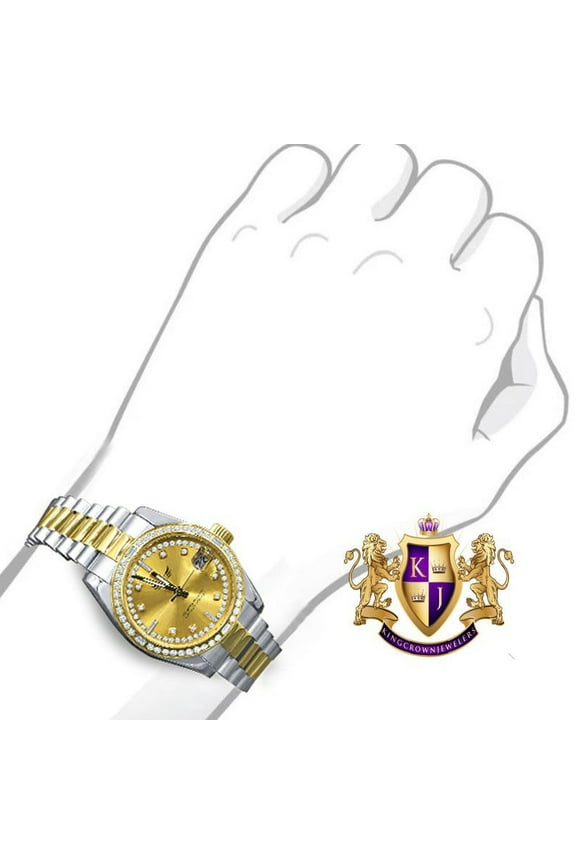 Ladies Women's Full Solid Stainless Steel 18K 2 Tone Gold Finish Simulated Diamond Presidential Watch 30mm W/Date Function