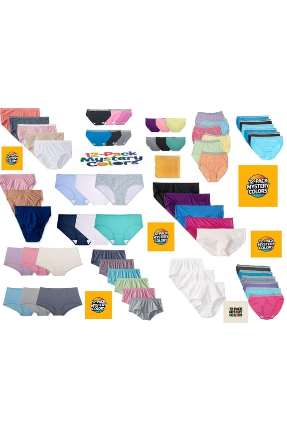 Ladies Womens 12-Pack Assorted Panties by Fruit of the Loom Comfortable Mystery Pack Type, Colors, and Materials Vary