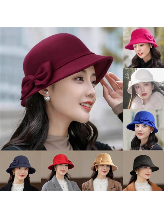 Ladies Wool Felt Bucket Hat Women Vintage Cloche Fedora Winter Church Bowler Hat with Bow,One Size