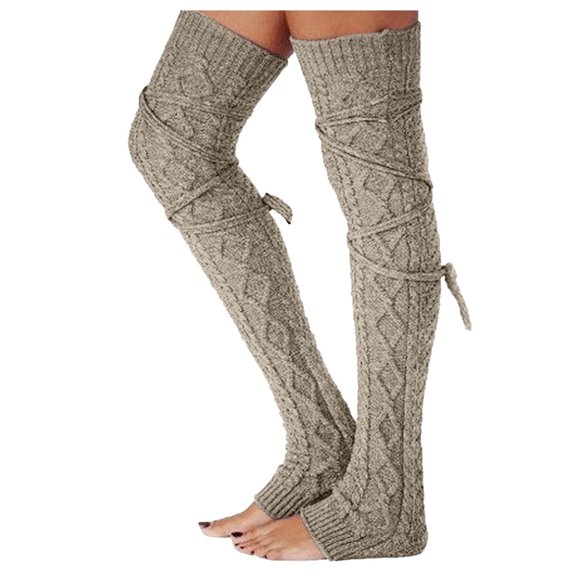 Ladies' Woolen Foot Warmers Autumn Winter Solid Over The Knee Stockings with Drawstring Medium Socks Pile Socks Thermal Cozy in Beige