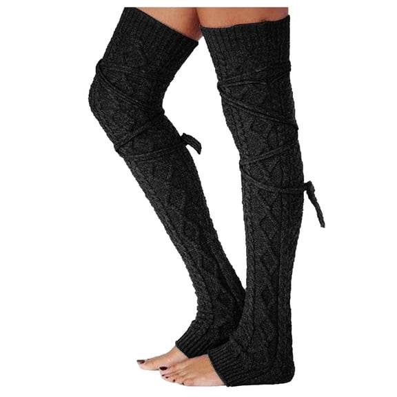Ladies' Woolen Foot Warmers Autumn Winter Solid Over The Knee Stockings with Drawstring Medium Socks Pile Socks Thermal Cozy in Black