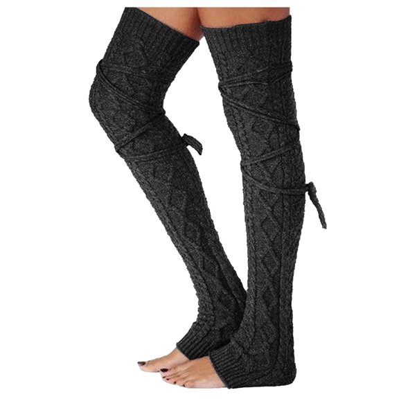 Ladies' Woolen Foot Warmers Autumn Winter Solid Over The Knee Stockings with Drawstring Medium Socks Pile Socks Thermal Cozy in Dark Gray