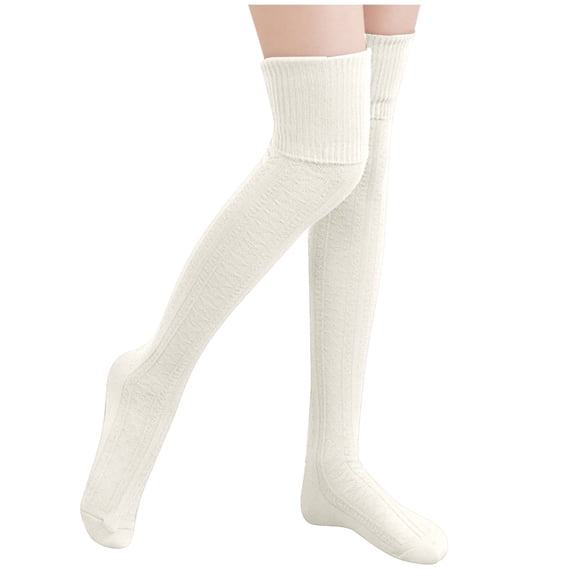 Ladies' Woolen Foot Warmers Autumn Winter Solid Over The Knee Stockings with Drawstring Medium Socks Pile Socks Thermal Cozy in White