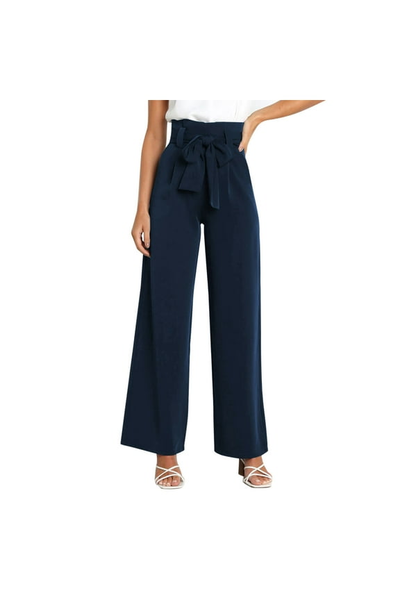 Ladies Workplace Casual Straight Pants - High Waist Wide Leg, Solid Color, Belt Pants, Suitable for Spring Summer Autumn - True to Size