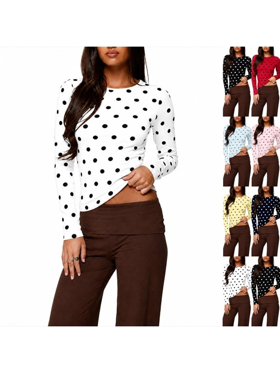Ladies Y2k Polka Dot T-Shirt Long Sleeve Crewneck Pullover Classic Fit Breathable Casual Shirts for Going Out Home White L
