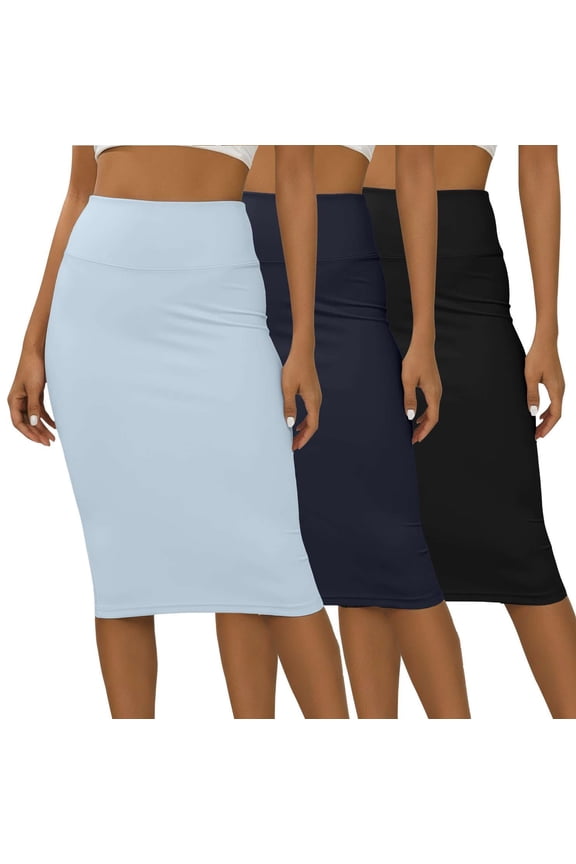 3 Pack: Womens Soft Midi Skirt – High Waisted Pencil Work Office Business Casual Skirts with Back Slit Plus