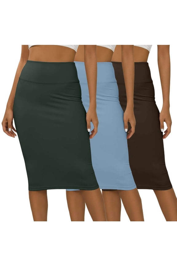 3 Pack: Womens Soft Midi Skirt – High Waisted Pencil Work Office Business Casual Skirts with Back Slit Plus