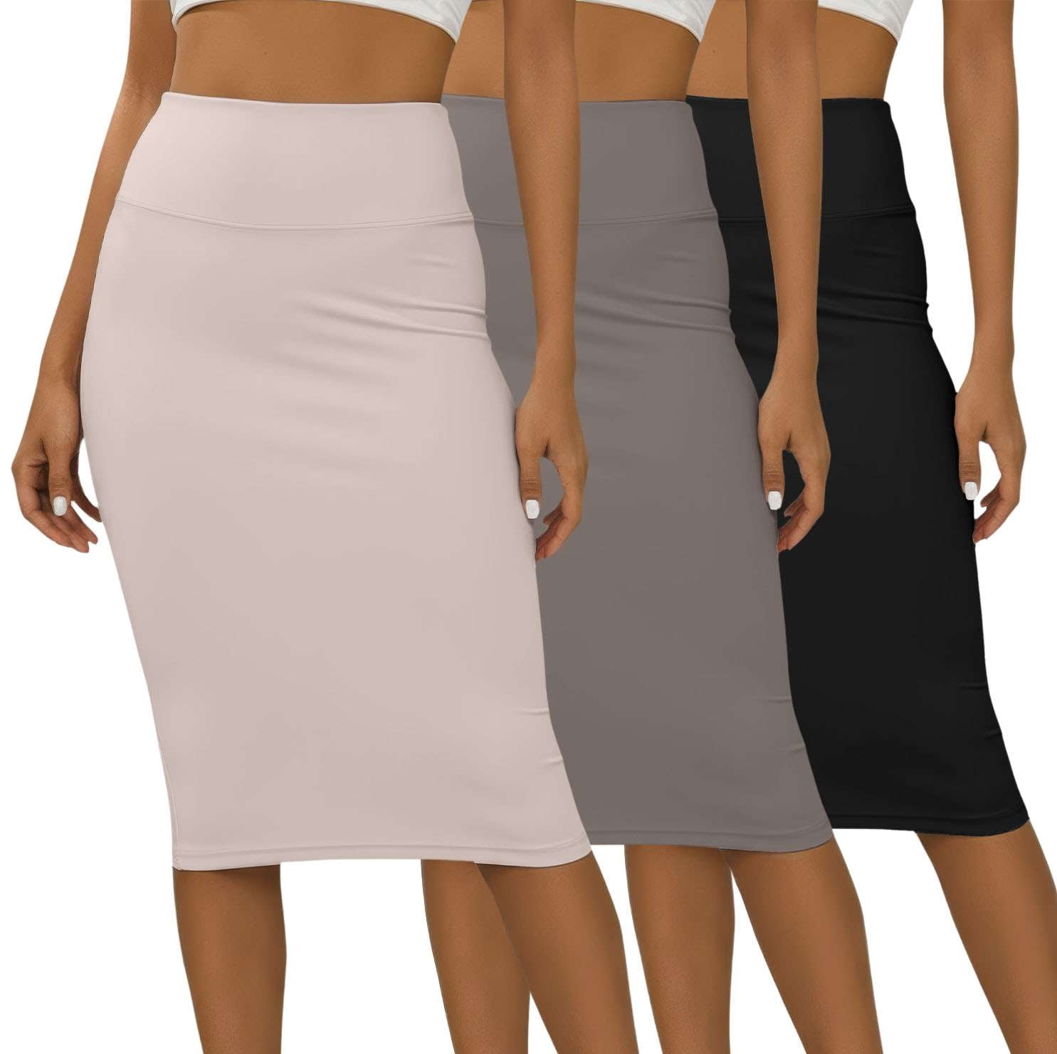 Real Essentials 3 Pack: Womens Soft Midi Skirt – High Waisted Pencil ...