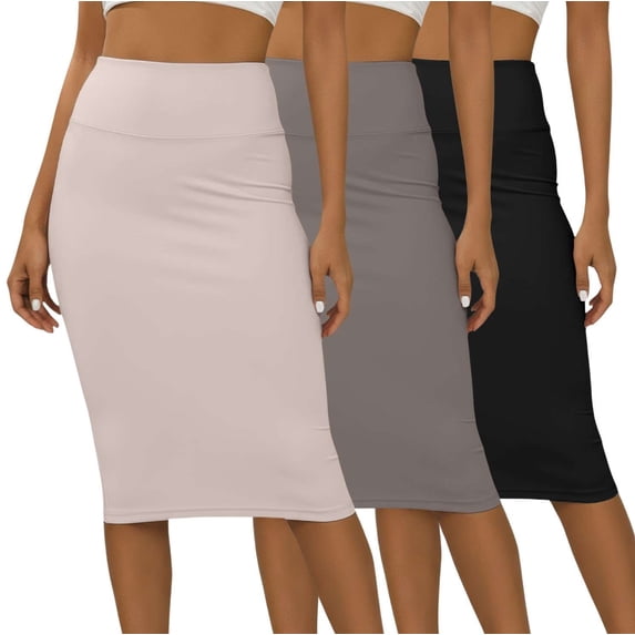 Real Essentials 3 Pack: Womens Soft Midi Skirt – High Waisted Pencil Work Office Business Casual Skirts with Back Slit Plus