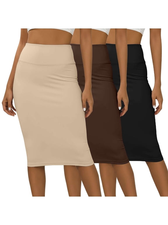 3 Pack: Womens Soft Midi Skirt – High Waisted Pencil Work Office Business Casual Skirts with Back Slit Plus