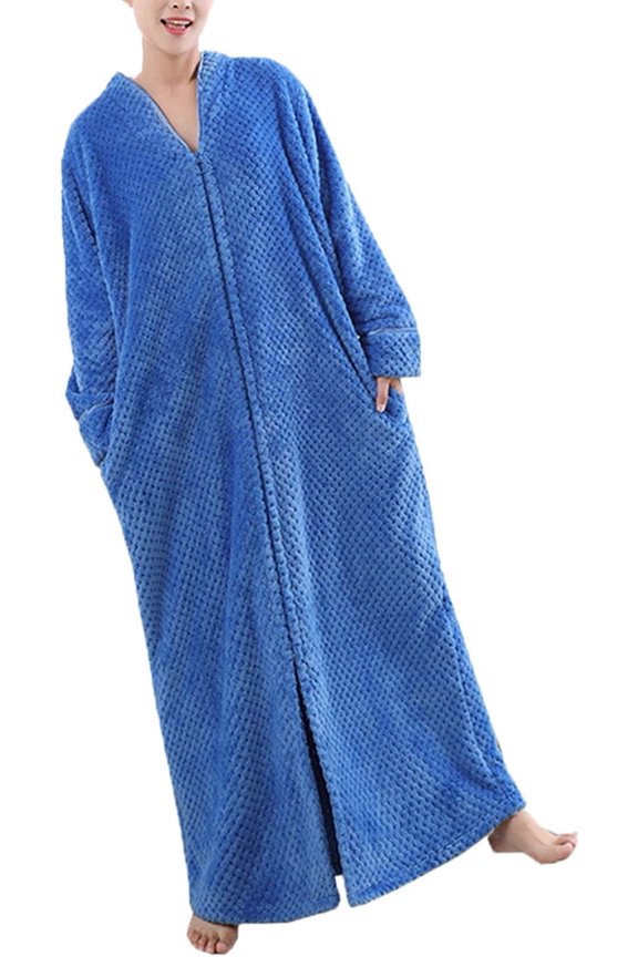Ladies' Zip Fleece Waffle Long Dressing Gown Fluffy Towelling Bathrobe Sleepwear