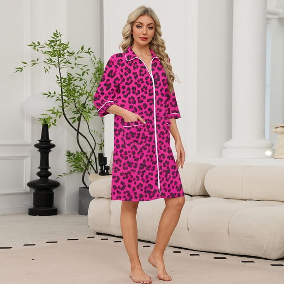 Ladies Zip Up House Robe Leopard Print Collared 3/4 Sleeve Bathrobe Midi Night Dress with Side Pockets Soft Home Loungewear for Women