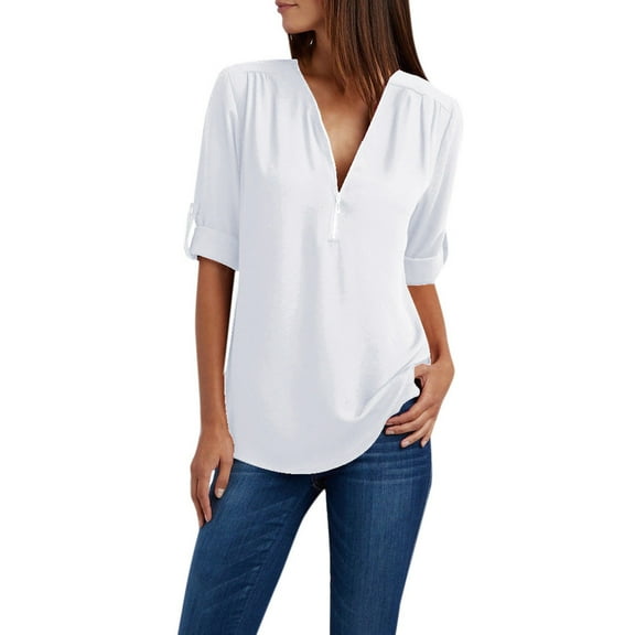 Ladies Zipper Button Long Sleeves Loose Chiffon Shirt Clothing Fashion Summer T-shirt White,L