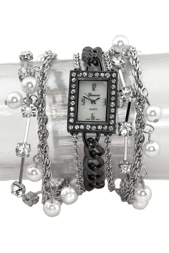 Ladies black and Silver tone multi-stran bracelet clubbing watch 27 mm 8mm thick CZ case.