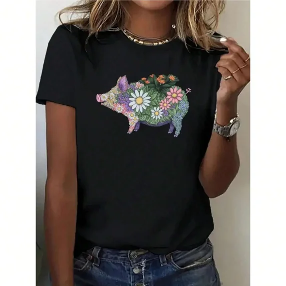 Ladies' colorful floral pig T-shirt, comfortable round neck short sleeved