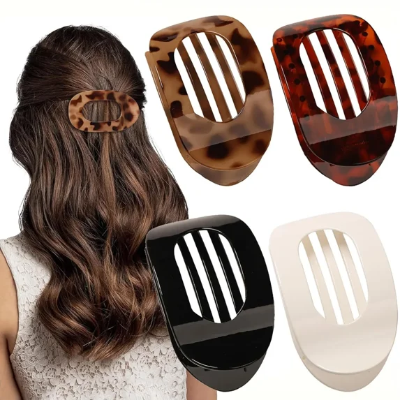 Ladies' fashionable oval hair clip, anti slip volume flat top round clip, casual multifunctional solid color hair clip, suitable for thick or sparse hair (4Pcs-A)