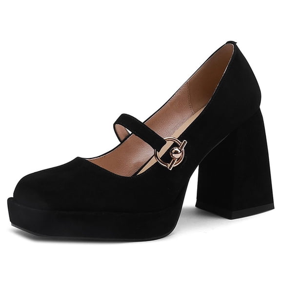 Ladies' fashionable thick heeled Mary Jane shoes, round button retro suede leather closed style square toe thick soled high heels, comfortable wedding and evening shoes