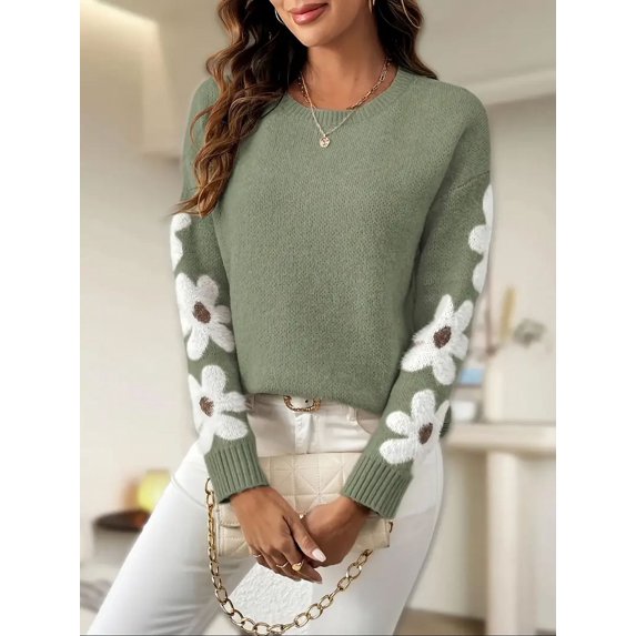 Ladies floral pattern round neck elegant long-sleeved off-shoulder pullover sweater
