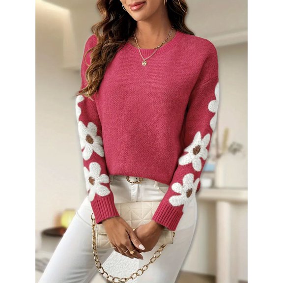 Ladies floral pattern round neck elegant long-sleeved off-shoulder pullover sweater