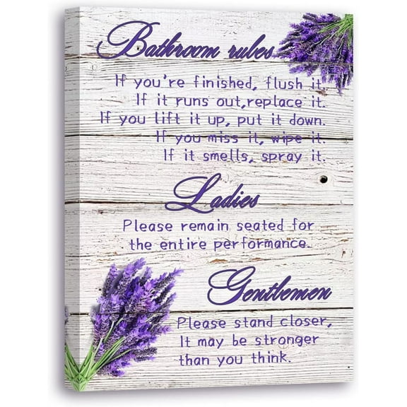 Ladies and gentlemen Bathroom Rules canvas Wall Decor, Lavender purple theme Bathroom Decor Wall Art,Farmhouse Toilet Wall Decor,Rustic Bathroom Funny Rules Prints Signs Framed 12"x15"