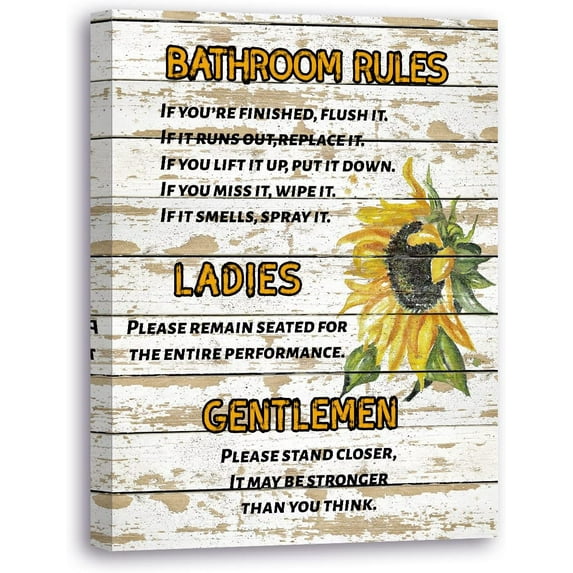 Ladies and gentlemen Bathroom Rules canvas Wall Decor, sunflowers yellow theme Bathroom Decor Wall Art,Farmhouse Toilet Wall Decor,Rustic Bathroom Funny Rules Prints Signs Framed 12"x15"