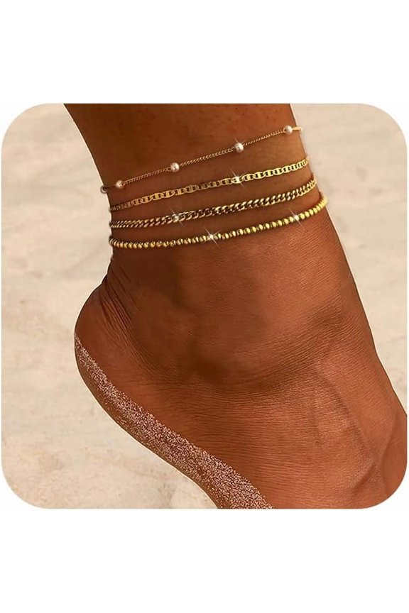 Ladies' gold anklet set, 18K gold / silver-plated waterproof multi-layer lightweight Cuban chain heart-shaped anklet butterfly anklet pearl anklet set, fashionable jewelry for ladies, birthday gift