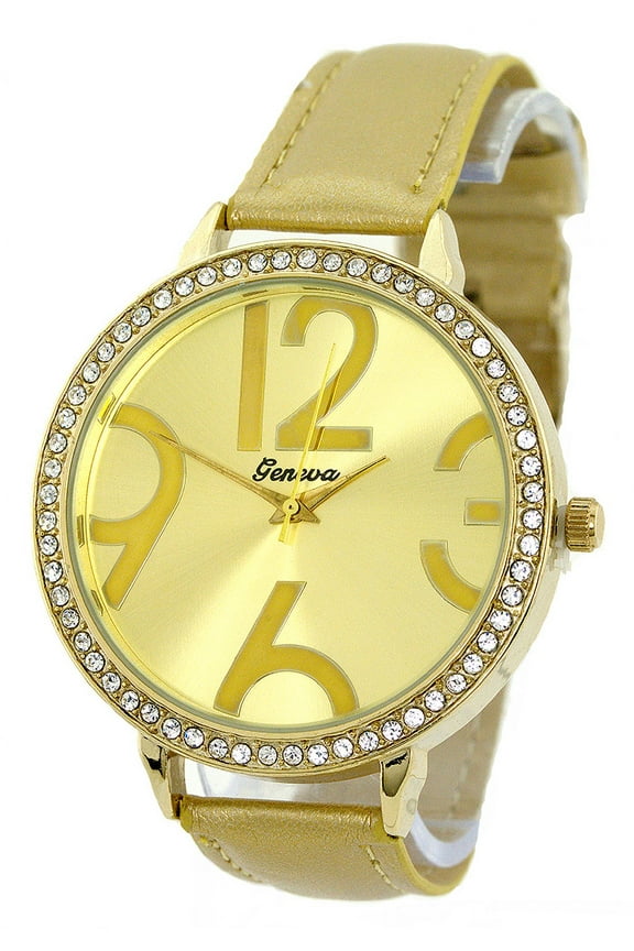 Ladies gold-tone designer CZ Clubbing watch 45mm 9mm thick case. CZ bezel, gold dial, 16mm wide gold-tone strap fits7.5-8.75 inches wrists.