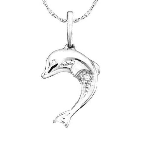 Ladies leaping Dolphin 925 Sterling Silver Nautral Diamond .005Ctt 25x15mm bail 2mm