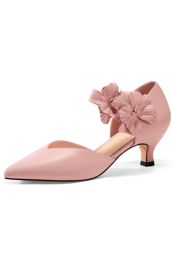 Ladies' low-heeled kitten-heeled formal shoes, comfortable closed-toe design with flowers, slip-on, suitable for formal gatherings, high-heeled shoe style