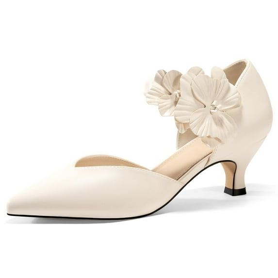 Ladies' low-heeled kitten-heeled formal shoes, comfortable closed-toe design with flowers, slip-on, suitable for formal gatherings, high-heeled shoe style