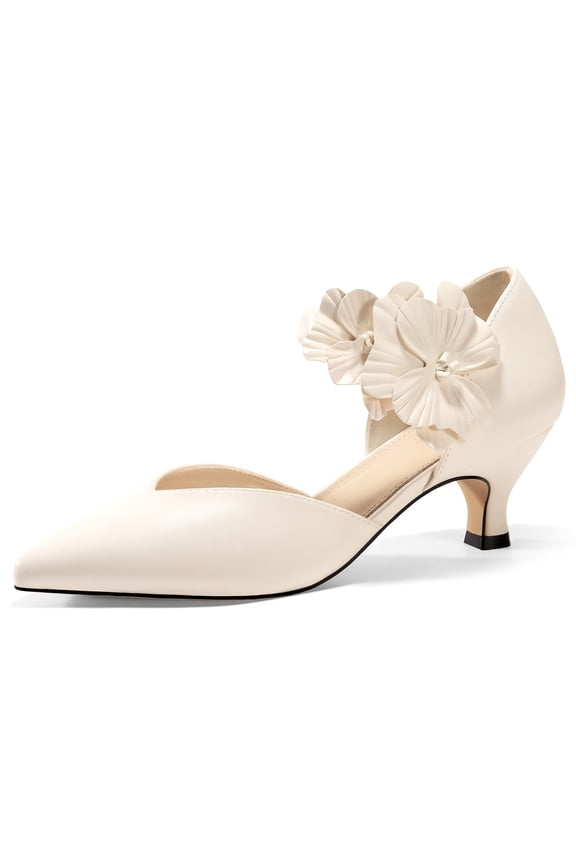 Ladies' low-heeled kitten-heeled formal shoes, comfortable closed-toe design with flowers, slip-on, suitable for formal gatherings, high-heeled shoe style