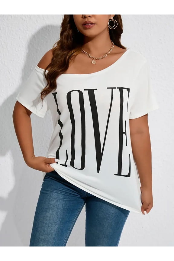 Ladies plus-size soft art print chic casual comfortable one-shoulder T-shirt