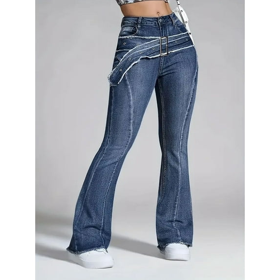 Ladies retro washed frayed faux waistband design curved knife edge slightly flared jeans