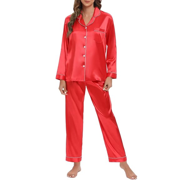 Ladies' silk satin pajama set, long-sleeved soft pajama set, button-up home wear pajama set