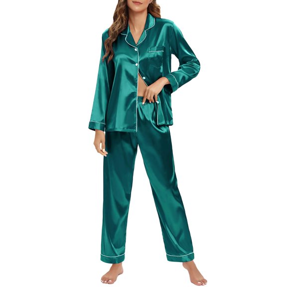 Ladies' silk satin pajama set, long-sleeved soft pajama set, button-up home wear pajama set