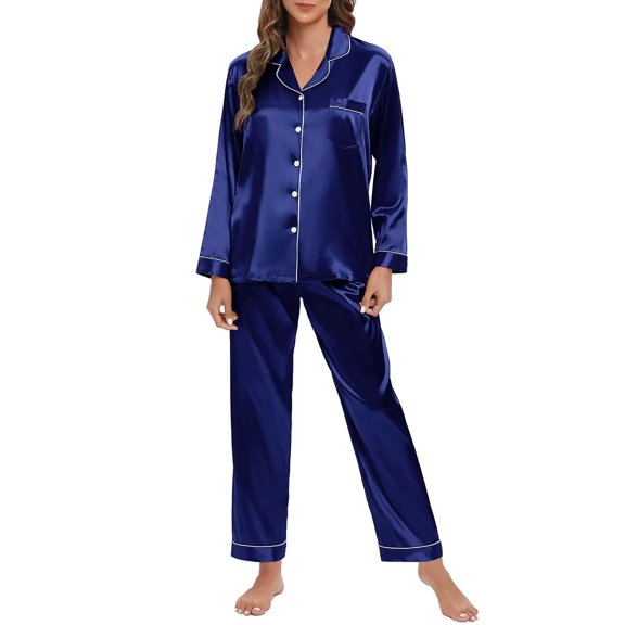 Ladies' silk satin pajama set, long-sleeved soft pajama set, button-up home wear pajama set