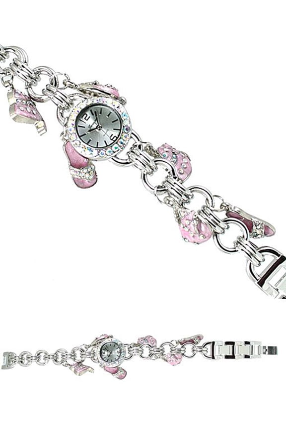 Ladies silver-tone Charm Watch with iridescent CZ 22mm 8mm thick. CZ bezel, silver-tone charm bracelet with blue, pink, cz purse, hat,shoses charms fits 8 inches wrists