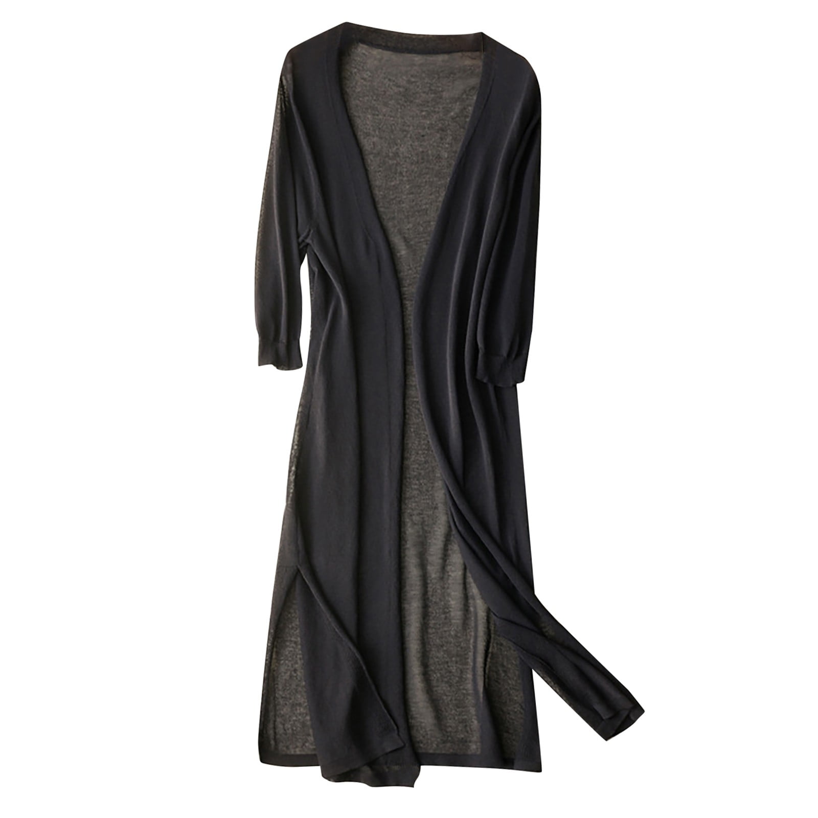 Ladies'solid Linen Ice Cotton And Linen Knit Cardigan Midi Long Sleeve Wide Neck Workout Tops for Women Black 3XL