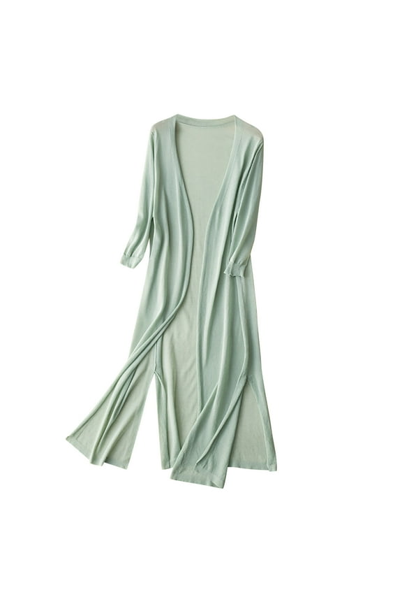 Ladies'solid Linen Ice Cotton And Linen Knit Cardigan Midi Long Sleeve Wide Neck Workout Tops for Women Green L