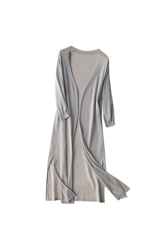 Ladies'solid Linen Ice Cotton And Linen Knit Cardigan Midi Long Sleeve Wide Neck Workout Tops for Women Grey M