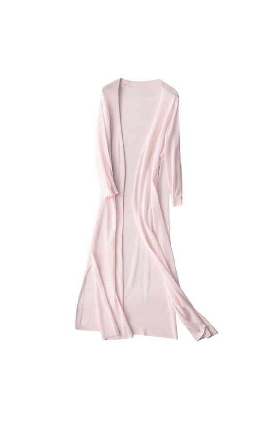 Ladies'solid Linen Ice Cotton And Linen Knit Cardigan Midi Long Sleeve Wide Neck Workout Tops for Women Pink M