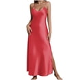 thumbnail image 1 of Idoravan Dresses for Women Satin Sleeveless Ladies' Solid Color Summer Casual V-Neck Slit Suspender Nightgown, 1 of 8
