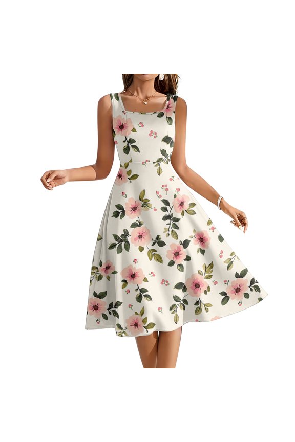 Ladies' square neck floral sleeveless dress with a large swing, Size S-2XL