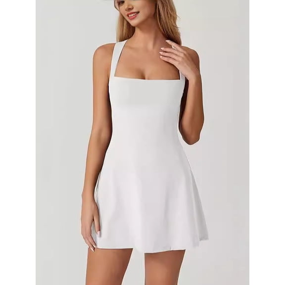 Ladies' square-neck tight dress, sleeveless halter top, elastic flared mini dress (medium size)