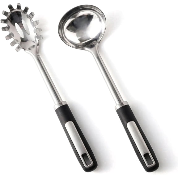 Ladle and Pasta Server Set, Stainless Steel Food-Grade Thickened Metal Soup Ladle & Spaghetti Spoon with Non-Slip Handles, Durable Cooking Utensils for Pasta, Soup & Everyday Kitchen Use