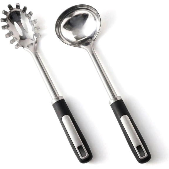 Ladle and Pasta Server Set, Stainless Steel Food-Grade Thickened Metal Soup Ladle & Spaghetti Spoon with Non-Slip Handles, Durable Cooking Utensils for Pasta, Soup & Everyday Kitchen Use