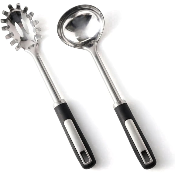Ladle and Pasta Server Set, Stainless Steel Food-Grade Thickened Metal Soup Ladle & Spaghetti Spoon with Non-Slip Handles, Durable Cooking Utensils for Pasta, Soup & Everyday Kitchen Use