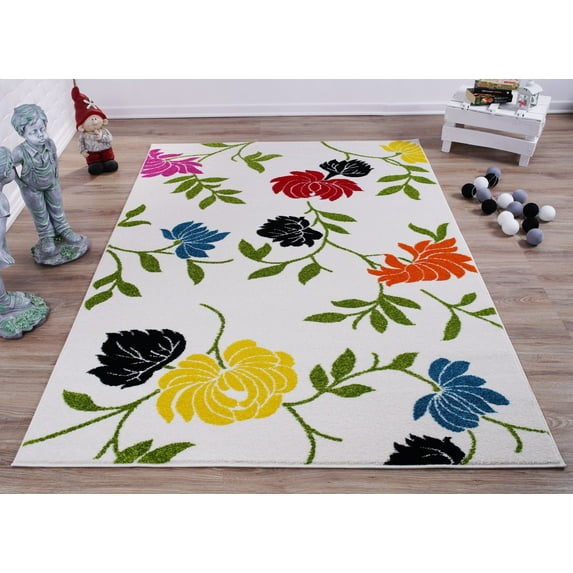 Ladole Rugs Cream and Green Made in Europe Colourful Flowers Area Rug Carpet, 7x10 (6'5" x 9'5", 200cm x 290cm)